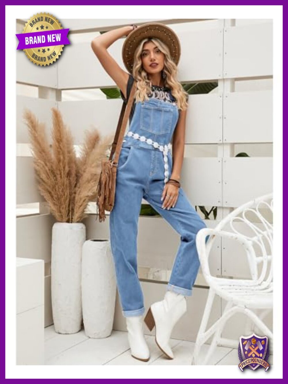Stretch Denim Bib Overalls Adjustable Straps Cuffed Hem Casual - Picture 4 of 6